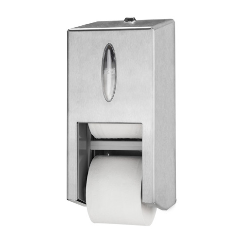 Tork Distributeur de papier toilette Twin sans rouleau int&eacute;rieur, Mid-size, inox (T7) photo du produit Front View L